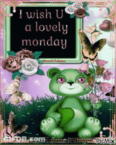 Green Teddy Bear Surrounded By Butterflies And Flowers GIF