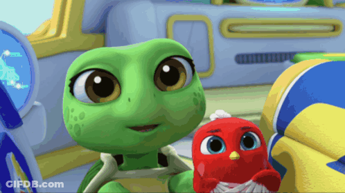 Green Turtle And Red Bird Standing Together GIF