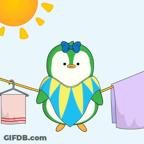 Green White Penguin With Blue Bow Clothes Line GIF