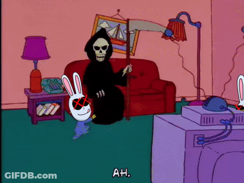 Grim Reaper Holding Dead Rabbit In Living Room GIF
