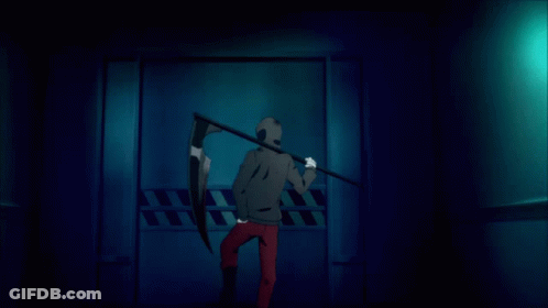 Grim Reaper Holding Scythe Against Blue Wall GIF