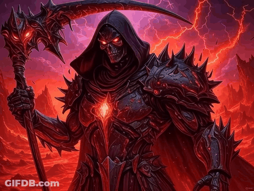 Grim Reaper Holding Scythe And Sword With Red Lightning GIF