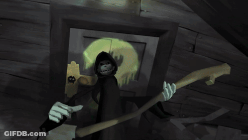 Grim Reaper Holding Scythe In Front Of Building Saying The Reaper GIF