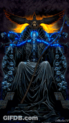 Grim Reaper On Throne With Skulls And Cross GIF