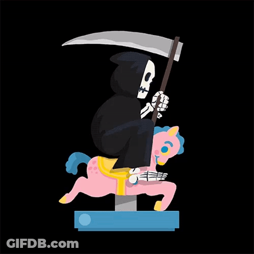 Grim Reaper Riding Merry Go Round Horse With Scythe GIF