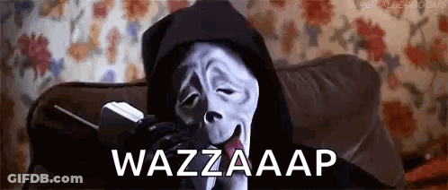 Grim Reaper Sitting On Couch Talking On Cell Phone GIF