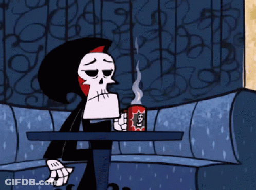 Grim Reaper Smoking Cigarette And Drinking From Can GIF