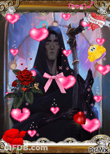 Grim Reaper Surrounded By Hearts And Roses GIF