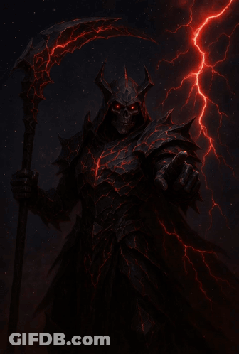 Grim Reaper With Red Eyes And Scythe GIF