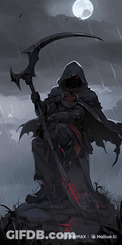 Grim Reaper With Red Eyes Holding Scythe And Sword GIF