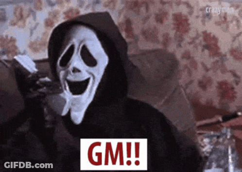 Grim Reaper With Scream Mask Holding Phone Saying GM GIF