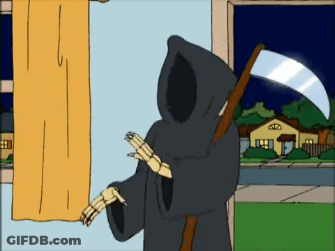 Grim Reaper With Scythe At Window With Curtain GIF