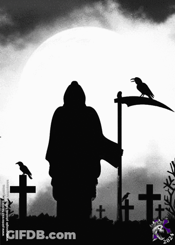Grim Reaper With Scythe In Cemetery Full Moon GIF