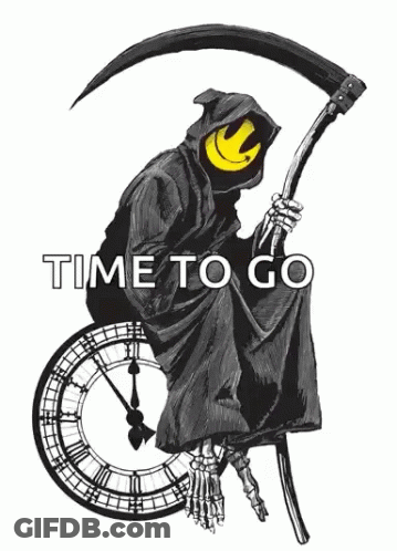 Grim Reaper With Scythe Sitting On Clock Time To Go GIF