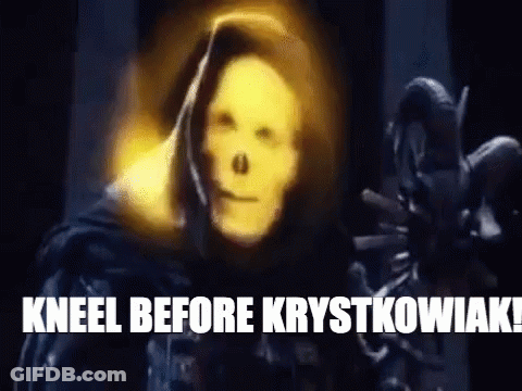 Grim Reaper With Yellow Mask Kneeling Before Demon GIF