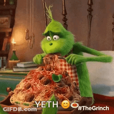 Grinch Eating Spaghetti And Meatballs With Knife And Fork GIF