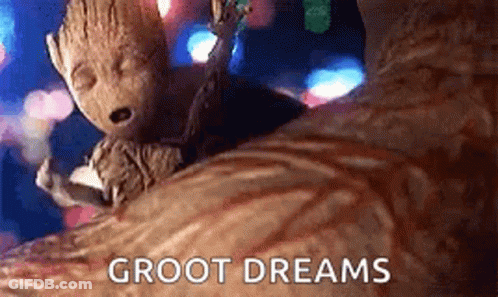 Groot Laying On Bed With Cat GIF