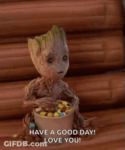 Groot Sitting Next To Candy Saying Love You GIF