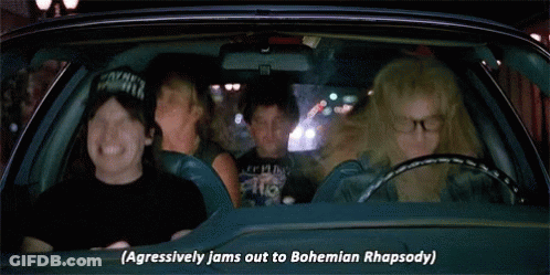 Group Aggressively Jams Out To Bohemian Rhapsody In Car GIF