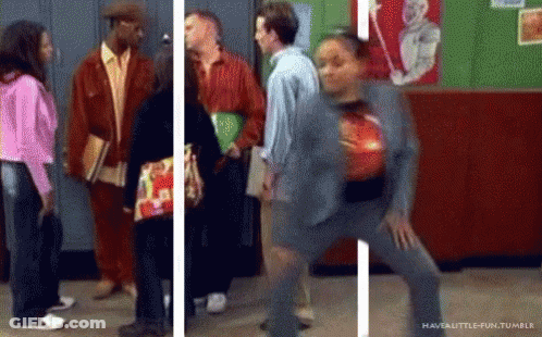 Group And Dancing Woman In Hallway GIF