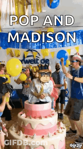 Group Around Giant Birthday Cake With Monkey Mascot GIF