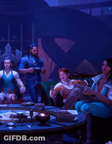Group At Table In Dark Room Blue Background GIF