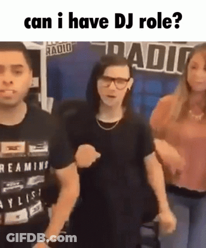 Group Dancing In Front Of Can I Have DJ Role Sign GIF