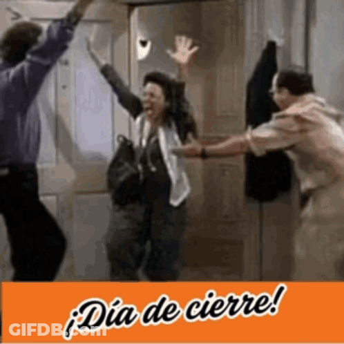 Group Dancing In Front Of Door With Dia De Cierre GIF