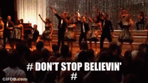 Group Dancing With Don't Stop Believin Text GIF