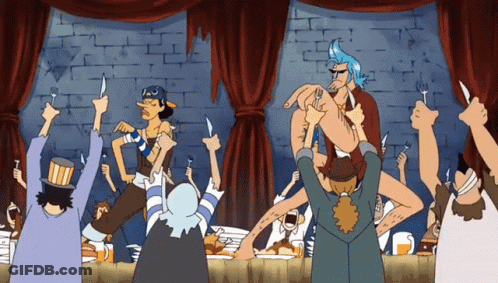 Group Holding Knives In Cartoon Scene GIF