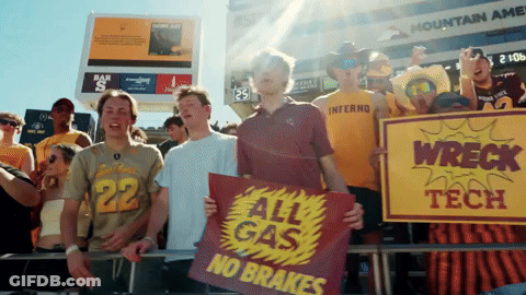 Group Holding Signs Saying All Gas No Brakes GIF