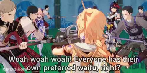 Group Holding Swords Saying Woah Woah Woah Everyone Has Their Own Preferred Waifu GIF