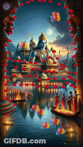 Group In Boat In Front Of Temple With Balloons GIF