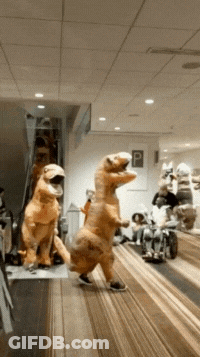 Group In Dinosaur Costumes Walking Down Hallway GIF