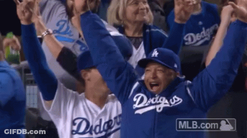 Group In Dodgers Jerseys Celebrating In Stadium GIF