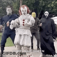 Group In Halloween Costumes Dancing GIF