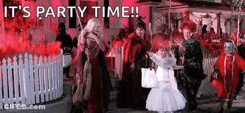 Group In Halloween Costumes Saying It's Party Time GIF