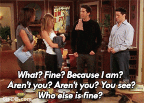 Group In Living Room Saying What Fine Because I Am Aren't You GIF