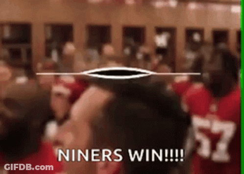 Group In Locker Room With Niners Win Sign GIF