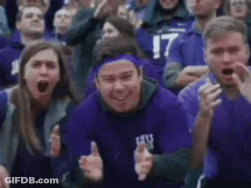Group In Purple Shirts Sitting In Stadium GIF
