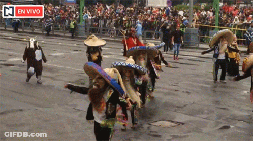 Group In Sombreros Walking With En Vivo Sign GIF