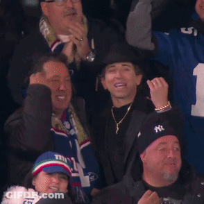 Group In Stadium Wearing NY Hats And Scarves GIF