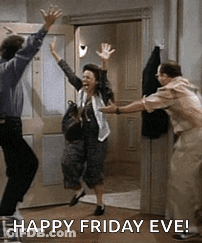 Group Jumping In Front Of Door Saying Happy Friday Eve GIF