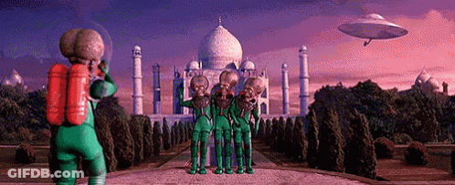 Group Of Aliens Standing In Front Of Temple GIF