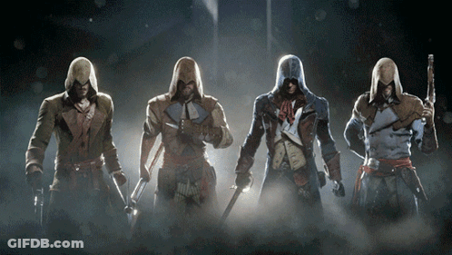 Group Of Assassins Standing With Swords GIF