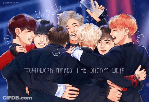 Group Of Boys Hugging Teamwork Makes Dream Work GIF