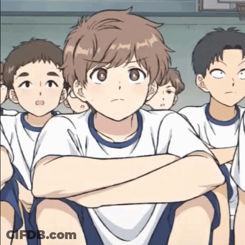 Group Of Boys Sitting With Arms Crossed One Looking Up GIF