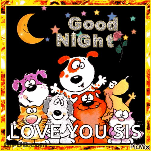Group Of Cartoon Animals Saying Good Night Love You Sis GIF