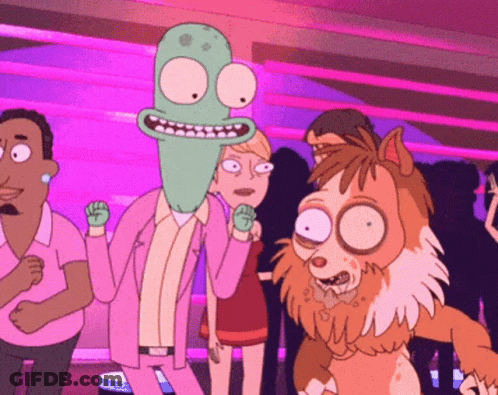 Group Of Cartoon Characters In Purple Room GIF