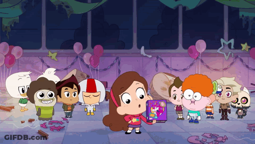Group Of Cartoon Characters Including Girl Holding Book GIF